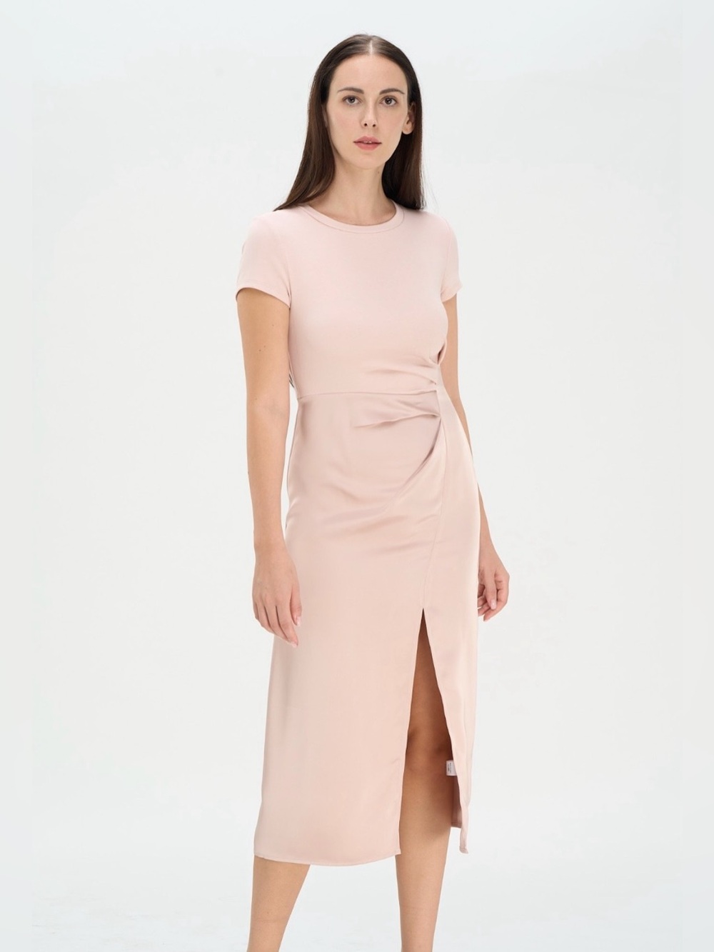 Blush Front Slit Satin Twist Midi Dress